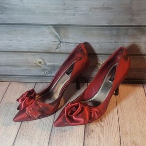 Elegant Red Satin Heels with Floral Detail